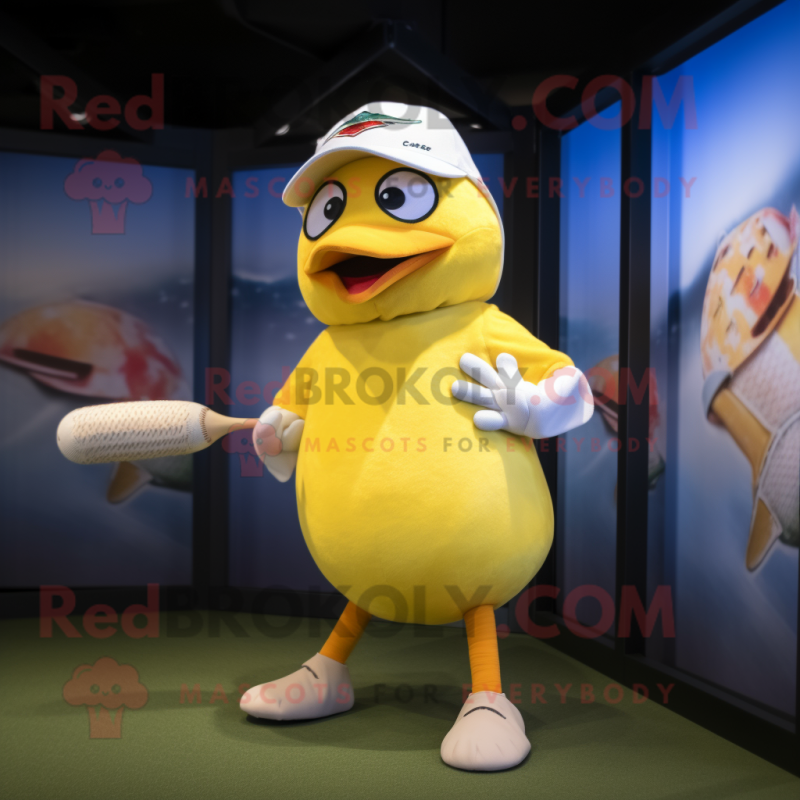 Lemon Yellow Gull mascot costume character dressed with a Baseball Tee and Bow ties Lemon Yellow Gull mascot costume character dressed with a Baseball Tee and Bow ties