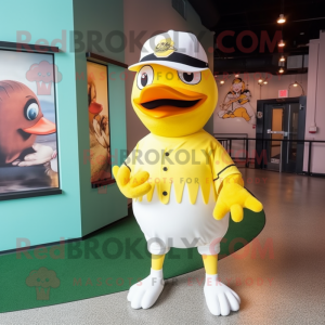 Lemon Yellow Gull mascot costume character dressed with a Baseball Tee and Bow ties