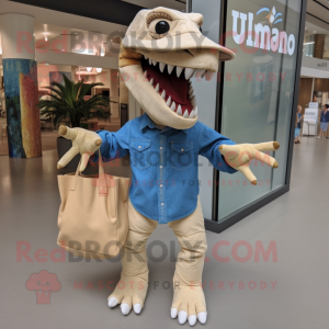 Beige Allosaurus mascot costume character dressed with a Chambray