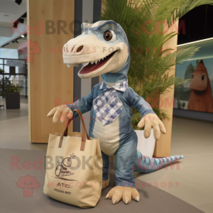 Beige Allosaurus mascot costume character dressed with a Chambray Shirt and Tote bags