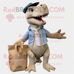 Beige Allosaurus mascot costume character dressed with a Chambray Shirt and Tote bags