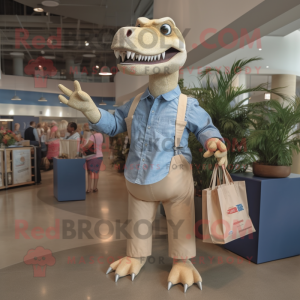 Beige Allosaurus mascot costume character dressed with a Chambray Shirt and Tote bags