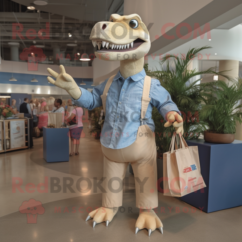 Beige Allosaurus mascot costume character dressed with a Chambray Shirt and  Tote bags - Mascot Costumes -  Sizes L (175-180CM)