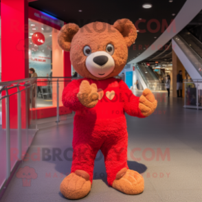 Red Teddy Bear mascot costume character dressed with a Playsuit and Suspenders