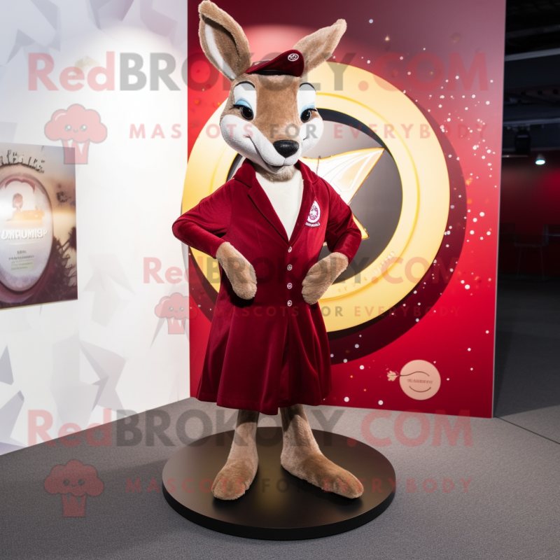 Maroon Kangaroo mascot costume character dressed with a Circle Skirt and Lapel pins