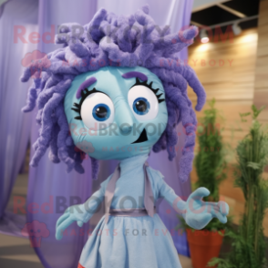Lavender Medusa mascot costume character dressed with a Chambray Shirt and Headbands