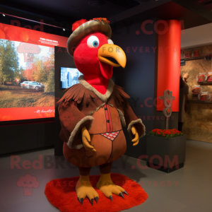 Red Turkey mascot costume character dressed with a Leather Jacket and Shawls