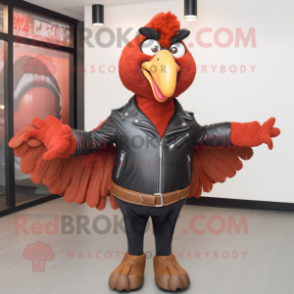 Red Turkey mascot costume character dressed with a Leather Jacket and Shawls