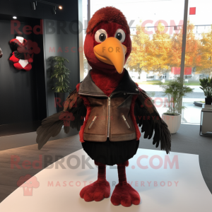 Red Turkey mascot costume character dressed with a Leather Jacket and Shawls