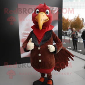 Red Turkey mascot costume character dressed with a Leather Jacket and Shawls