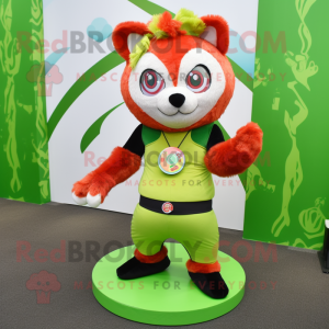 Lime Green Red Panda mascot costume character dressed with a Yoga Pants and Rings