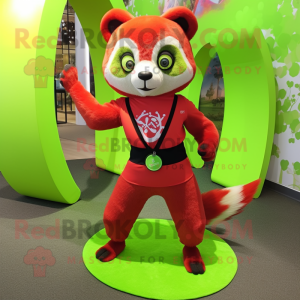 Lime Green Red Panda mascot costume character dressed with a Yoga Pants and Rings