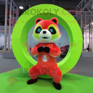 Lime Green Red Panda mascot costume character dressed with a Yoga Pants and Rings