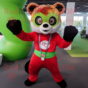 Lime Green Red Panda mascot costume character dressed with a Yoga Pants and Rings
