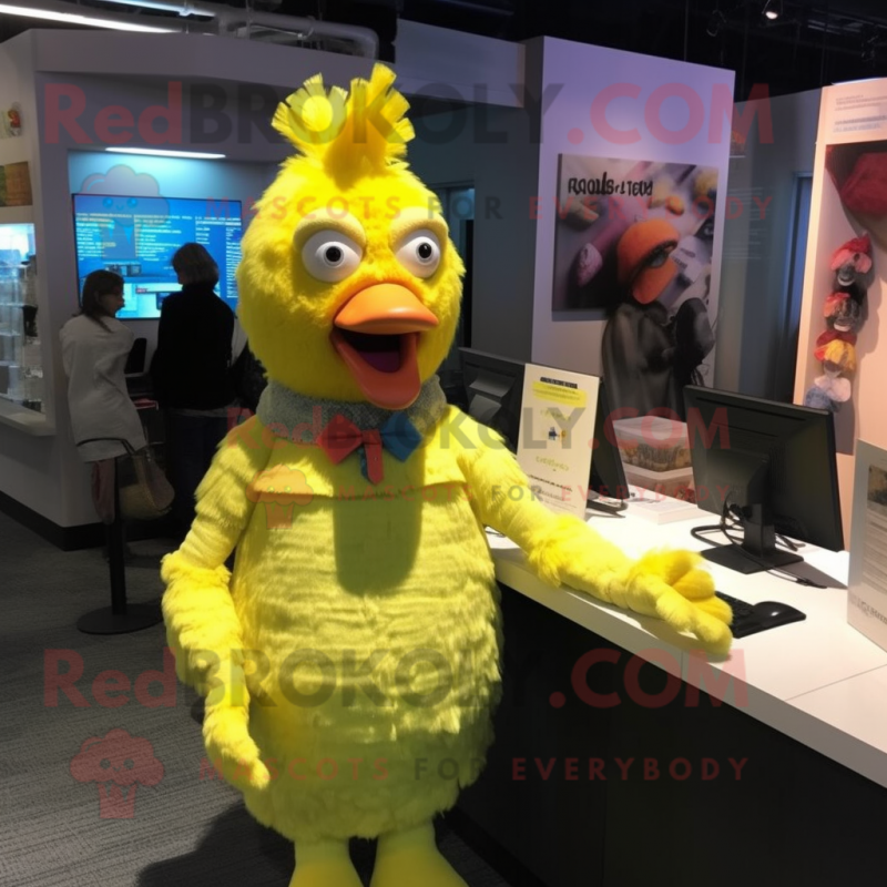 Lemon Yellow Chicken mascot costume character dressed with a Blouse and Mittens