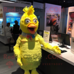 Lemon Yellow Chicken mascot costume character dressed with a Blouse and Mittens