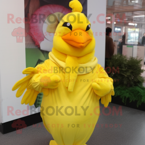 Lemon Yellow Chicken mascot costume character dressed with a Blouse and Mittens