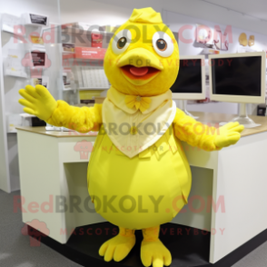 Lemon Yellow Chicken mascot costume character dressed with a Blouse and Mittens