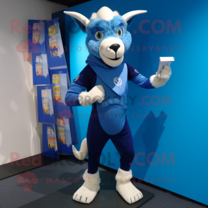 Blue Goat mascot costume character dressed with a Rash Guard and Wallets