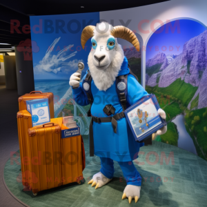 Blue Goat mascot costume character dressed with a Rash Guard and Wallets