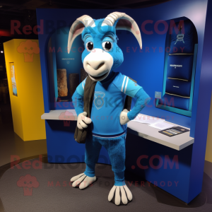 Blue Goat mascot costume character dressed with a Rash Guard and Wallets