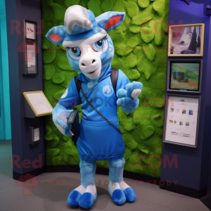 Blue Goat mascot costume character dressed with a Rash Guard and Wallets