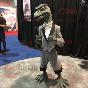 Gray Velociraptor mascot costume character dressed with a Empire Waist Dress and Lapel pins