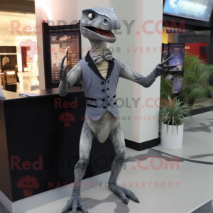 Gray Velociraptor mascot costume character dressed with a Empire Waist Dress and Lapel pins