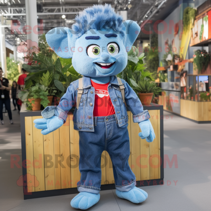 Sky Blue Goulash mascot costume character dressed with a Denim Shorts and Earrings