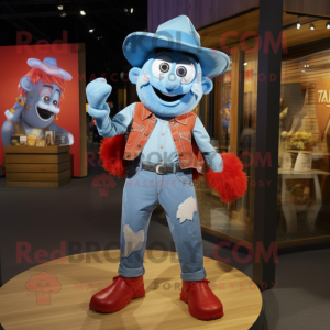 Sky Blue Goulash mascot costume character dressed with a Denim Shorts and Earrings