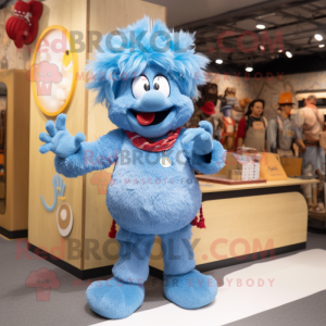 Sky Blue Goulash mascot costume character dressed with a Denim Shorts and Earrings