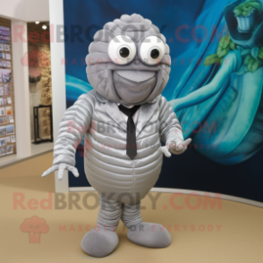 Silver Trilobite mascot costume character dressed with a Suit Pants and Eyeglasses