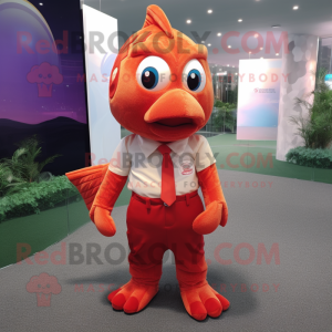 Red Goldfish mascot costume character dressed with a Polo Tee and Tie pins