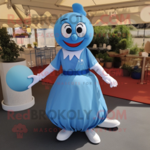 Blue Petanque Ball mascot costume character dressed with a Maxi Skirt and Foot pads