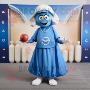 Blue Petanque Ball mascot costume character dressed with a Maxi Skirt and Foot pads