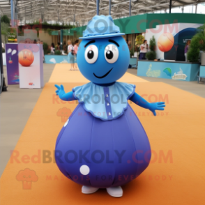 Blue Petanque Ball mascot costume character dressed with a Maxi Skirt and Foot pads