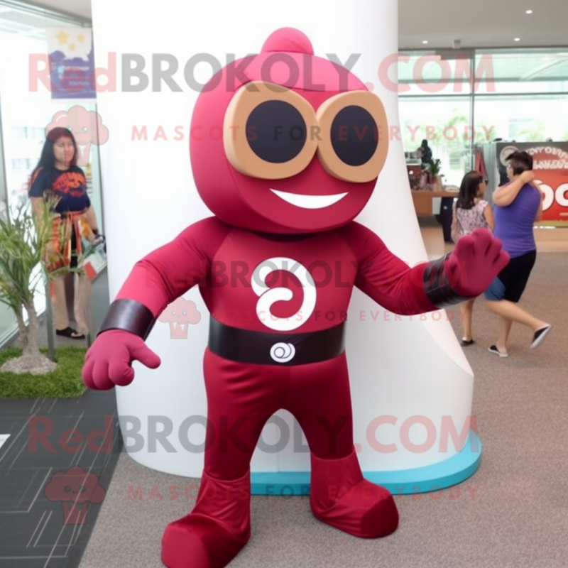 Maroon Superhero mascot costume character dressed with a Capri Pants and Suspenders