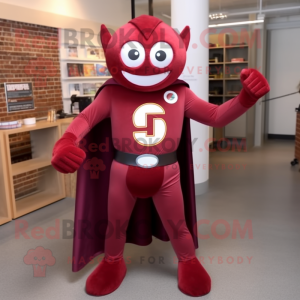 Maroon Superhero mascot costume character dressed with a Capri Pants and Suspenders