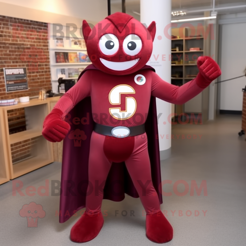 Maroon Superhero mascot costume character dressed with a Capri Pants and Suspenders