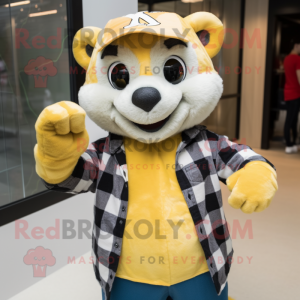 Yellow Ferret mascot costume character dressed with a Flannel Shirt and Gloves