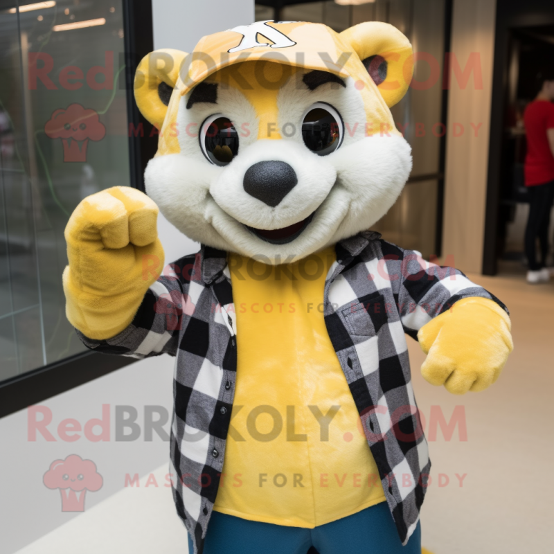Yellow Ferret mascot costume character dressed with a Flannel Shirt and Gloves Yellow Ferret mascot costume character dressed with a Flannel Shirt and Gloves