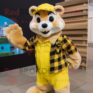 Yellow Ferret mascot costume character dressed with a Flannel Shirt and Gloves