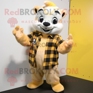 Yellow Ferret mascot costume character dressed with a Flannel Shirt and Gloves