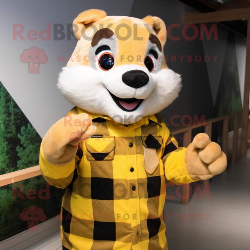 Yellow Ferret mascot costume character dressed with a Flannel Shirt and Gloves