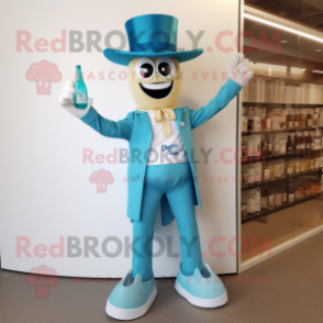 Turquoise Champagne mascot costume character dressed with a Jeans and Hat pins