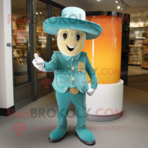 Turquoise Champagne mascot costume character dressed with a Jeans and Hat pins
