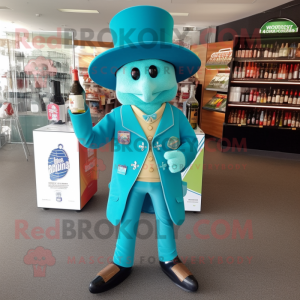 Turquoise Champagne mascot costume character dressed with a Jeans and Hat pins
