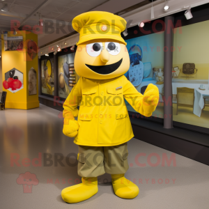 Yellow Army Soldier mascot costume character dressed with a Wrap Skirt and Berets