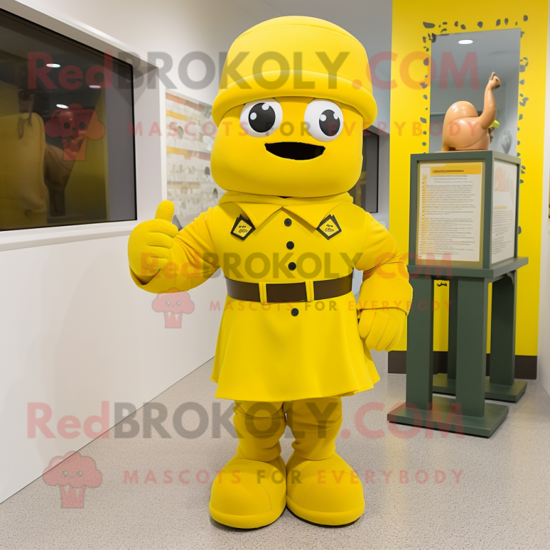 Yellow Army Soldier mascot costume character dressed with a Wrap Skirt and Berets