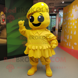 Yellow Army Soldier mascot costume character dressed with a Wrap Skirt and Berets